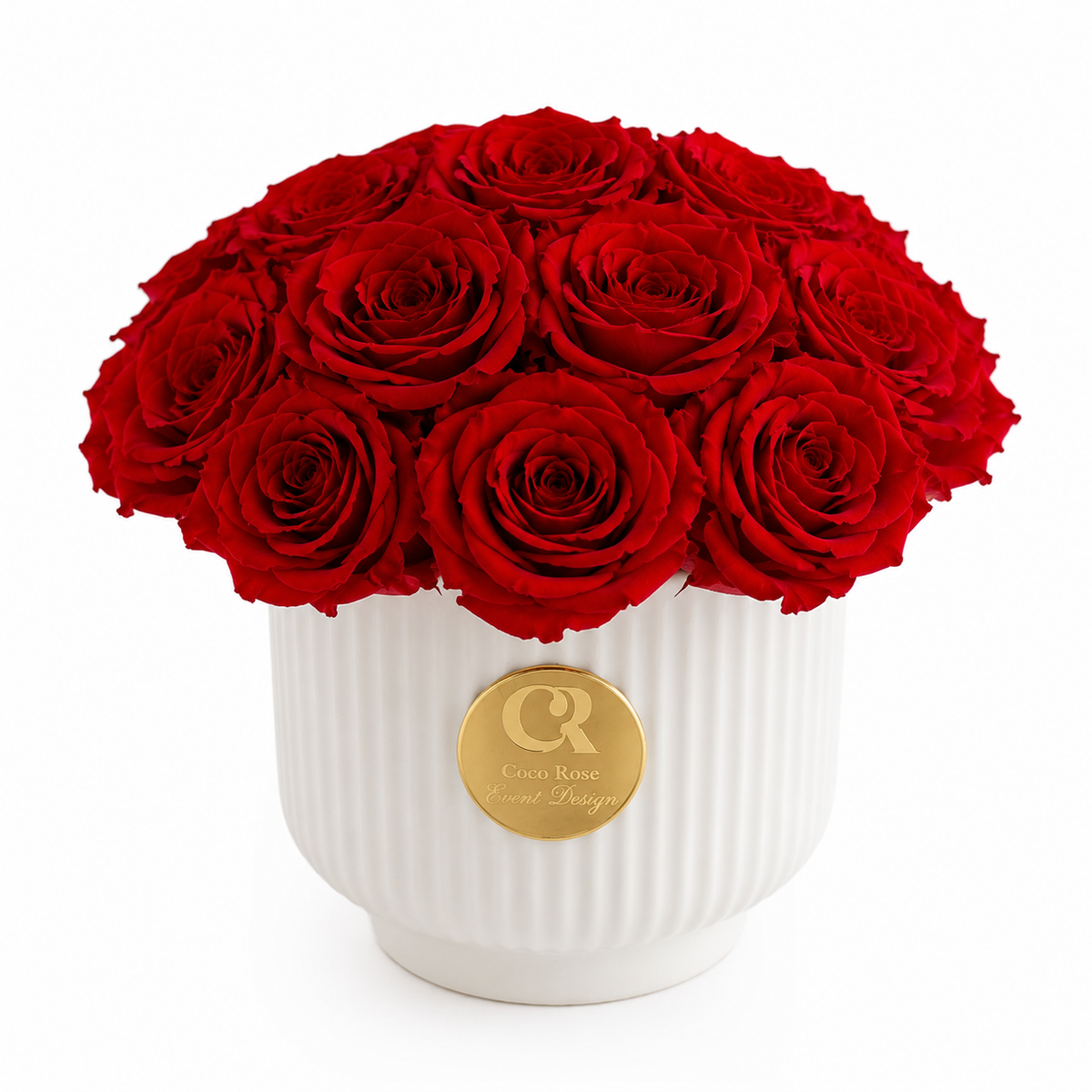 12 Preserved Red Roses in White Ceramic Vase