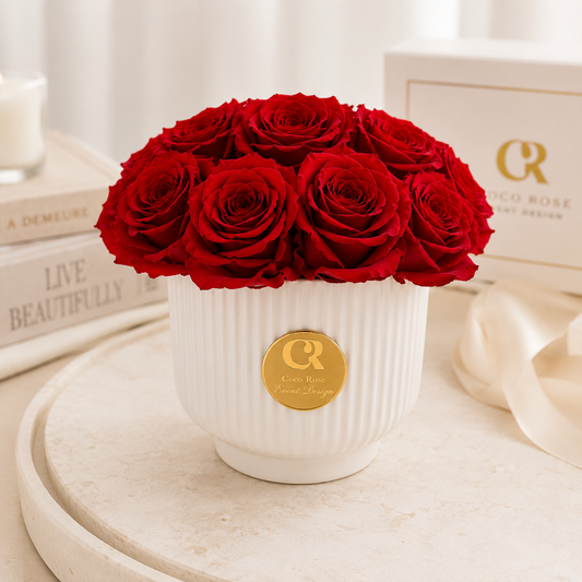 12 Preserved Red Roses in White Ceramic Vase