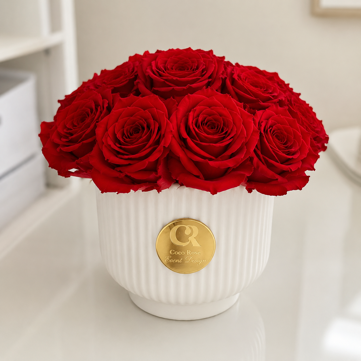 12 Preserved Red Roses in White Ceramic Vase